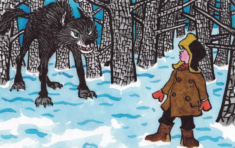 Мальчик встретил волка в лесу