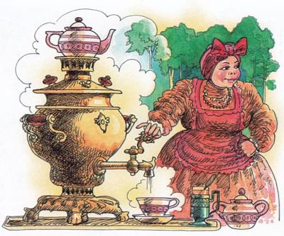 Бабушка наливает чай из самовара